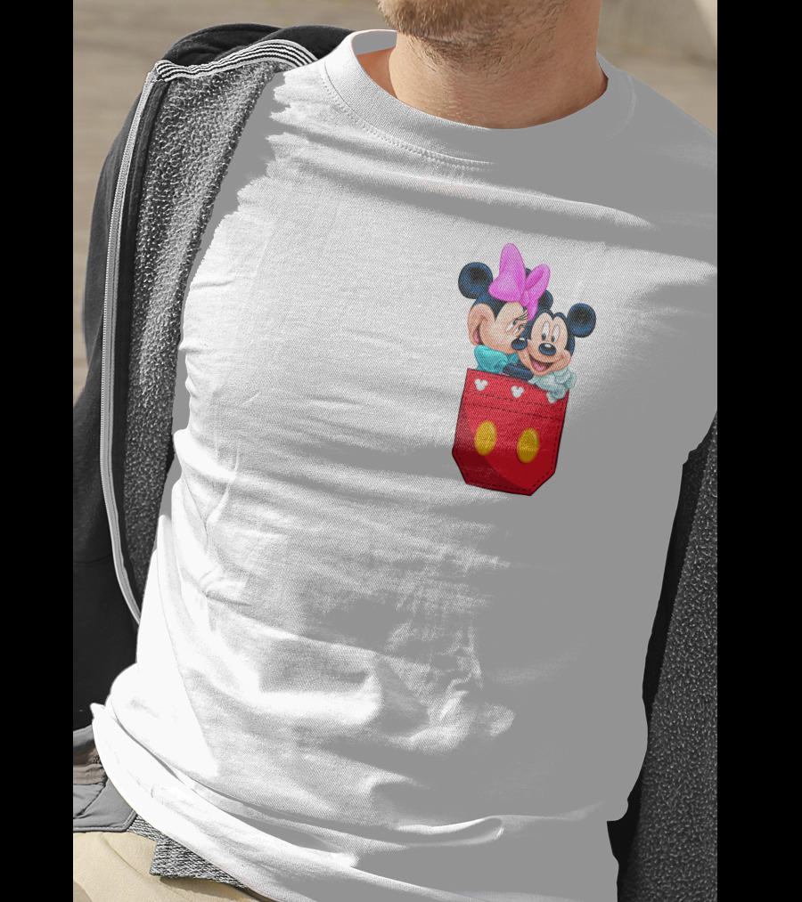 Mickey Mouse And Minnie Mouse In Red Pocket With Hearts And Bow T-Shirt