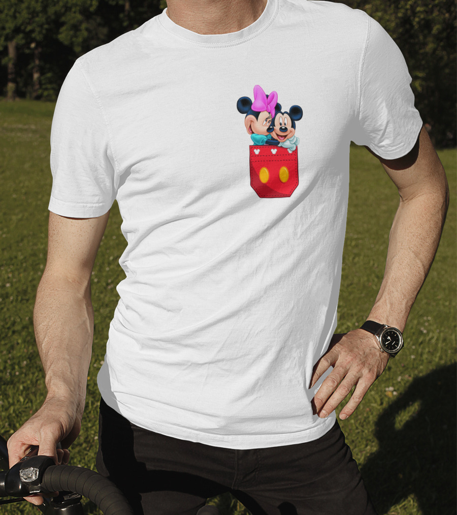 Mickey Mouse And Minnie Mouse In Red Pocket With Hearts And Bow T-Shirt