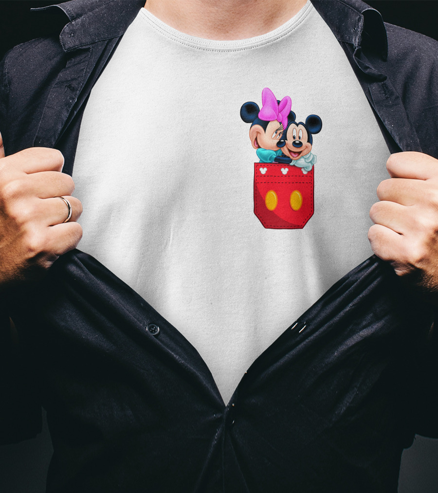 Mickey Mouse And Minnie Mouse In Red Pocket With Hearts And Bow T-Shirt