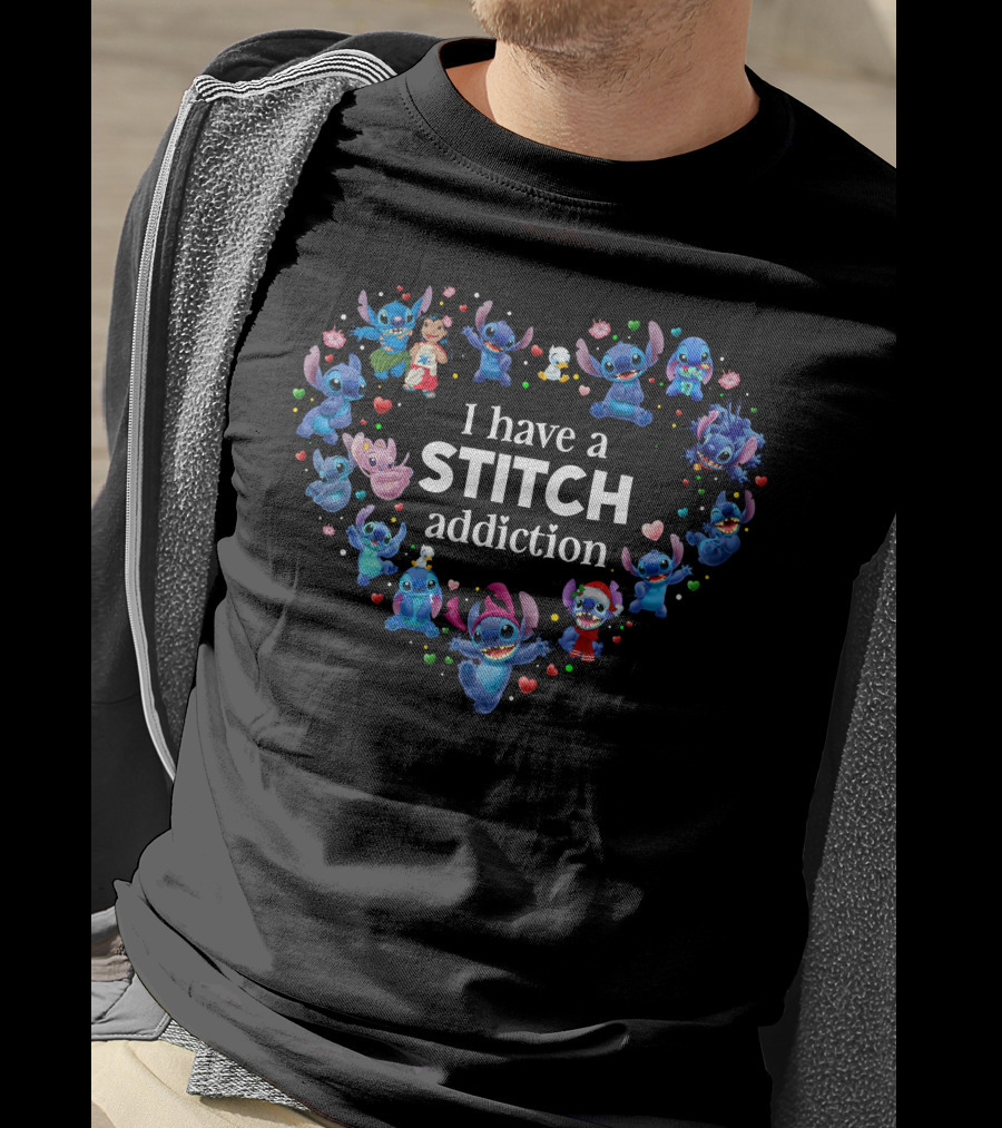 I Have A Stitch Addiction Heart Pattern With Characters T-Shirt