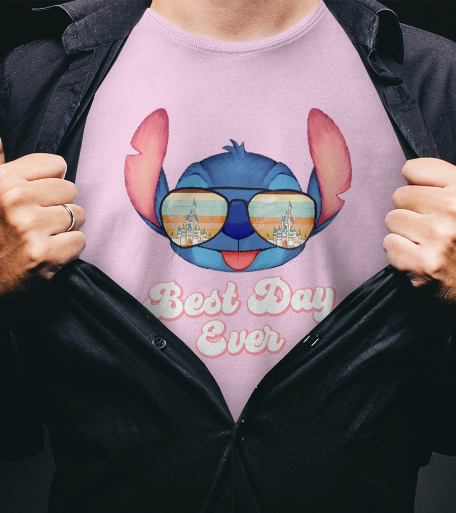Best Day Ever Stitch Wearing Sunglasses With Castle Reflection T-Shirt