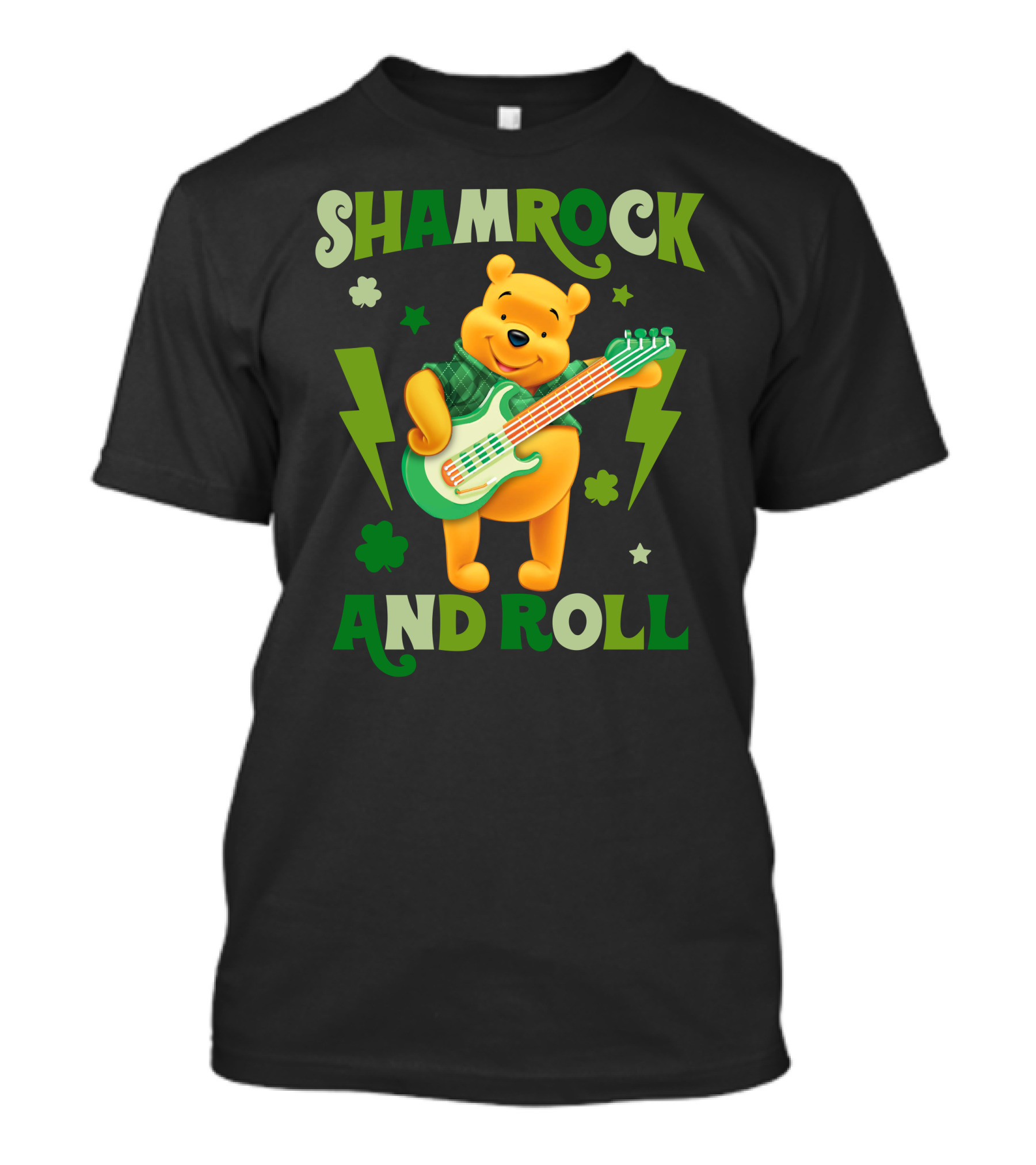 Shamrock And Roll Pooh Bear With Guitar And Green Lightning Bolts T-Shirt