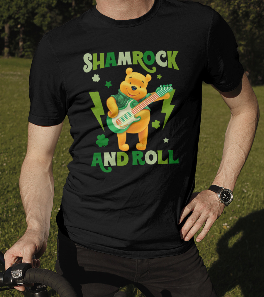 Shamrock And Roll Pooh Bear With Guitar And Green Lightning Bolts T-Shirt
