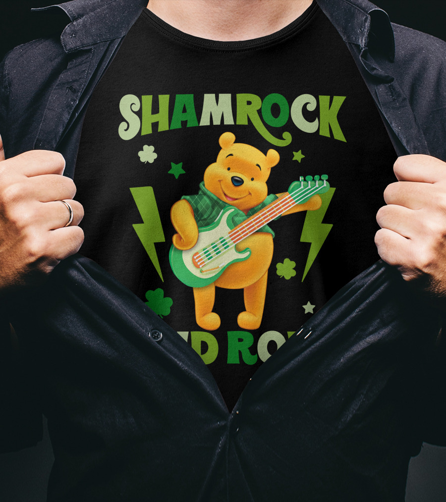 Shamrock And Roll Pooh Bear With Guitar And Green Lightning Bolts T-Shirt