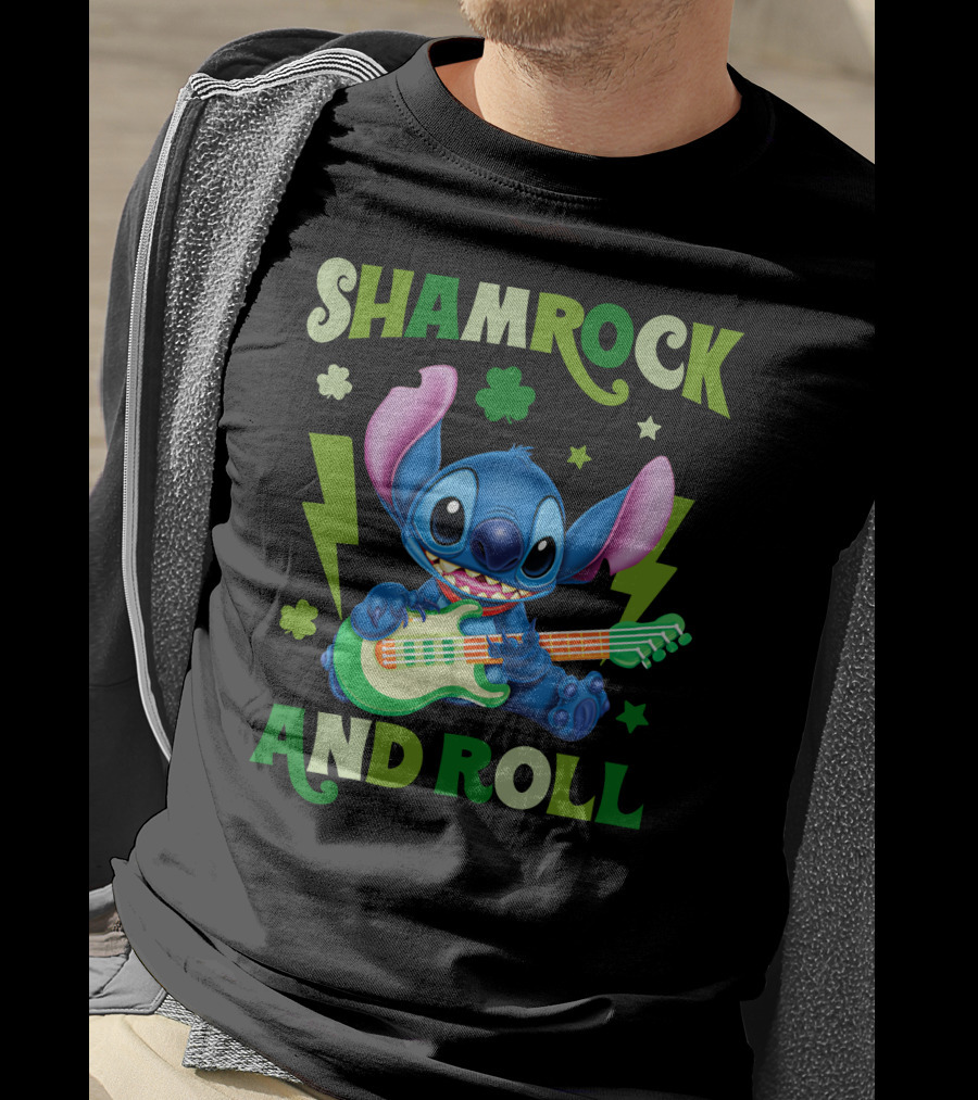 Shamrock And Roll Stitch Playing Guitar T-Shirt
