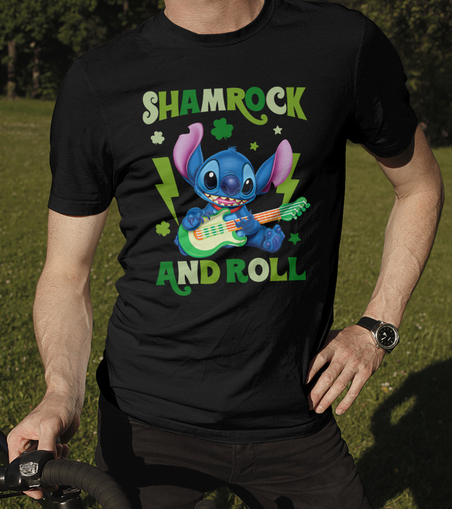 Shamrock And Roll Stitch Playing Guitar T-Shirt
