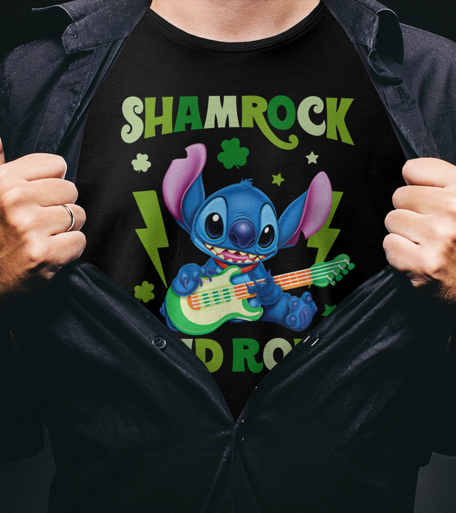 Shamrock And Roll Stitch Playing Guitar T-Shirt