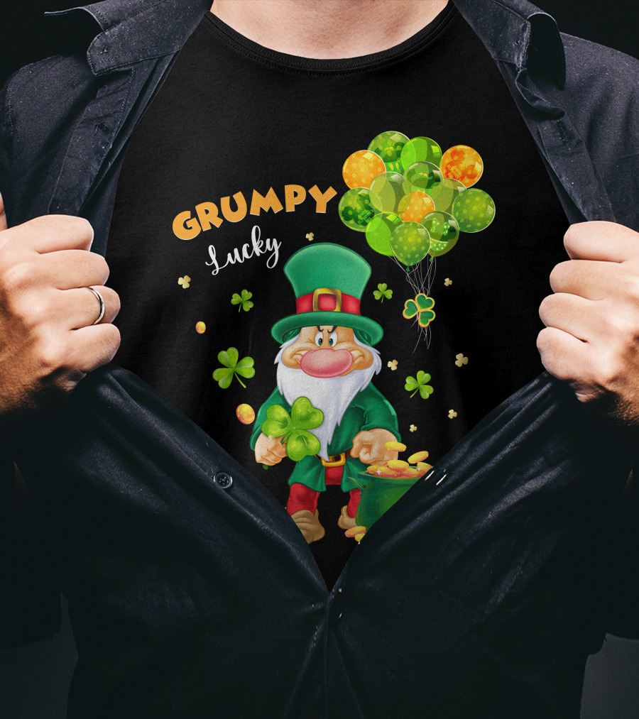 Grumpy Lucky Leprechaun With Shamrocks And Gold Coins T-Shirt
