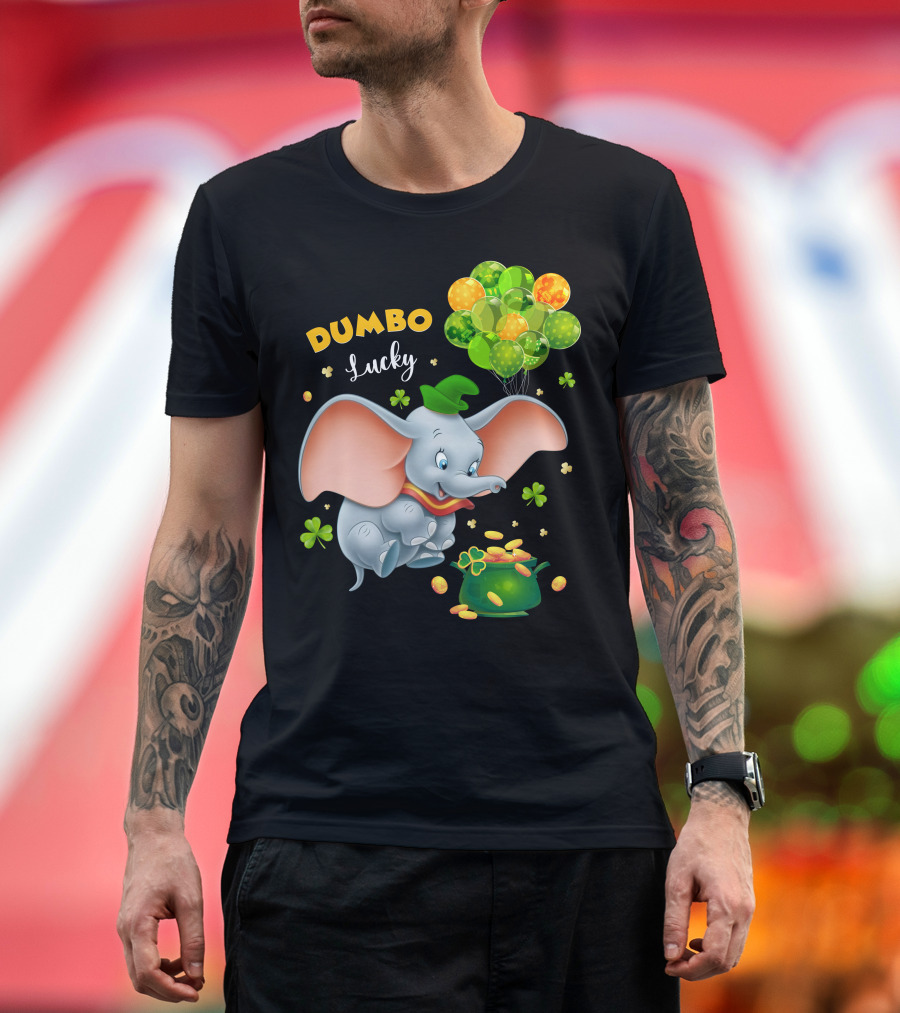 Dumbo Lucky Elephant With Green Hat And Balloons With Pot Of Gold T-Shirt