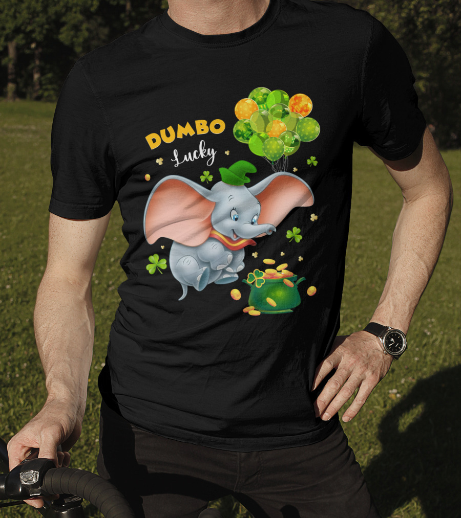Dumbo Lucky Elephant With Green Hat And Balloons With Pot Of Gold T-Shirt