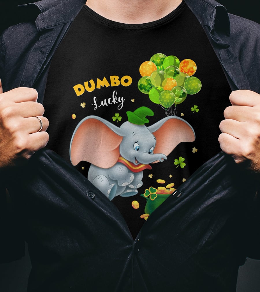 Dumbo Lucky Elephant With Green Hat And Balloons With Pot Of Gold T-Shirt
