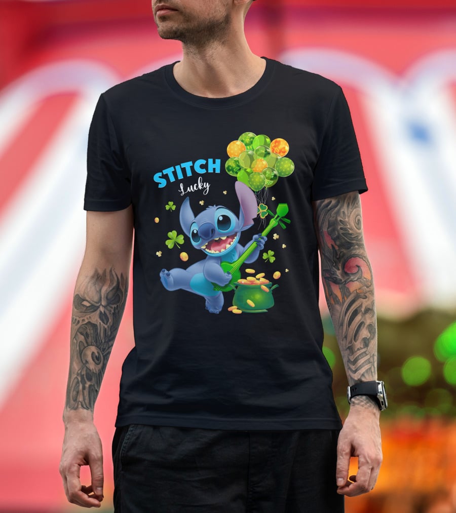 Stitch Lucky Balloons And Shamrock Celebration T-Shirt