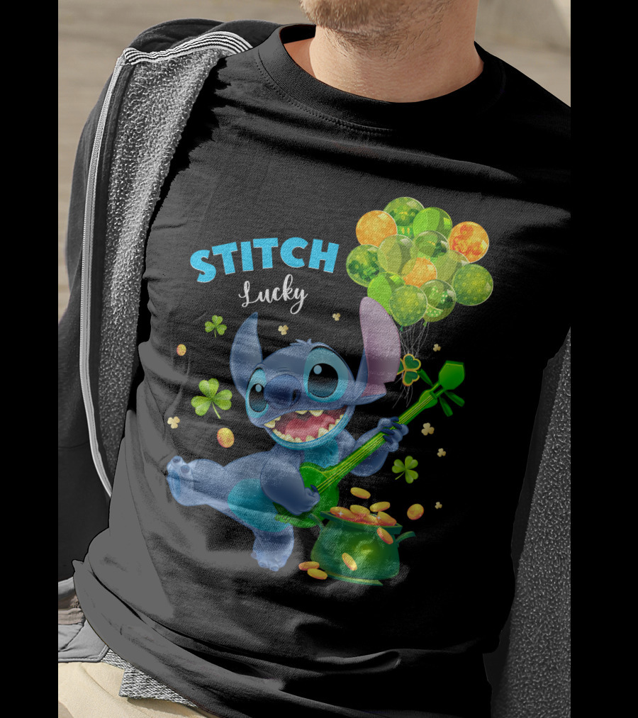 Stitch Lucky Balloons And Shamrock Celebration T-Shirt