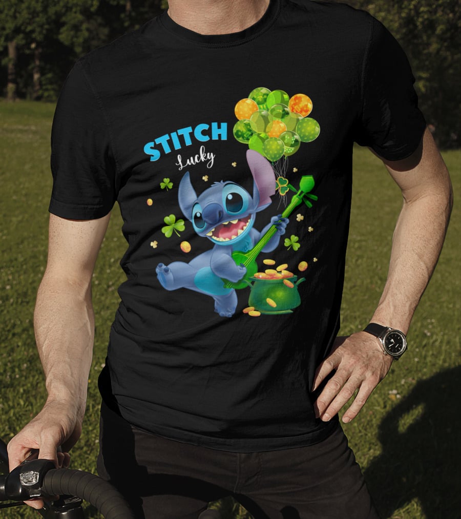 Stitch Lucky Balloons And Shamrock Celebration T-Shirt
