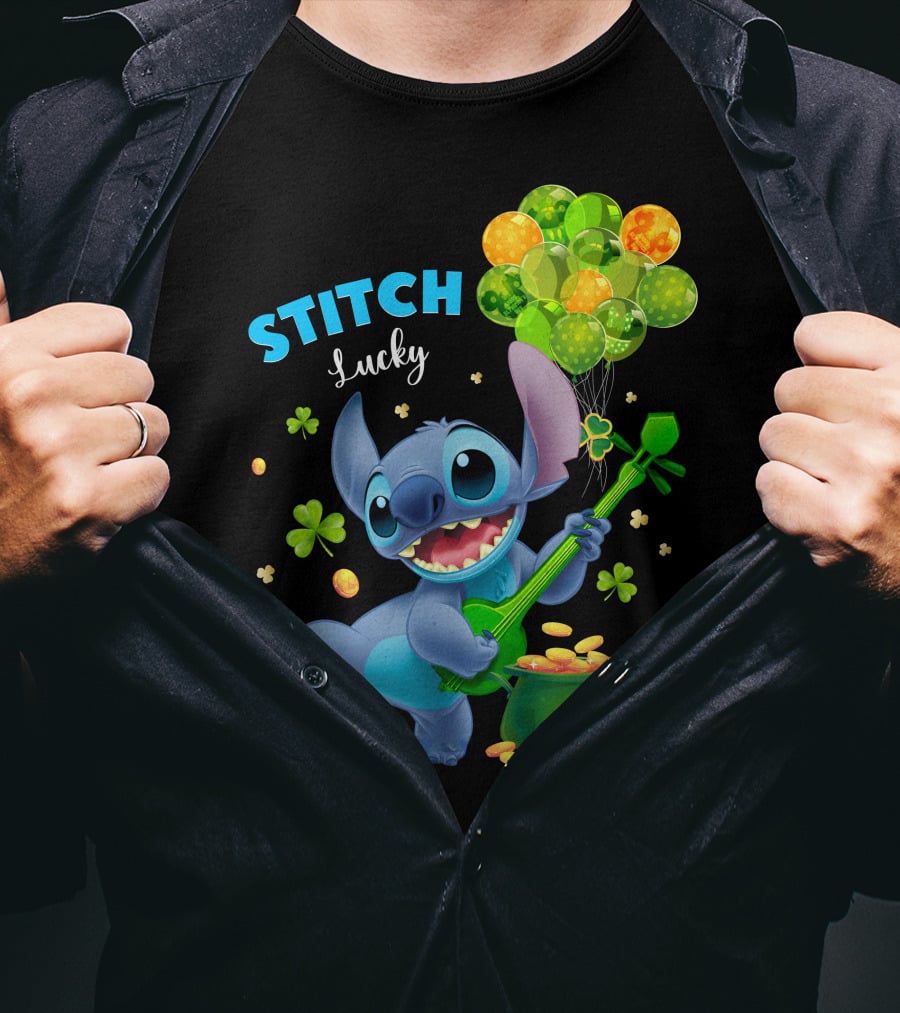 Stitch Lucky Balloons And Shamrock Celebration T-Shirt
