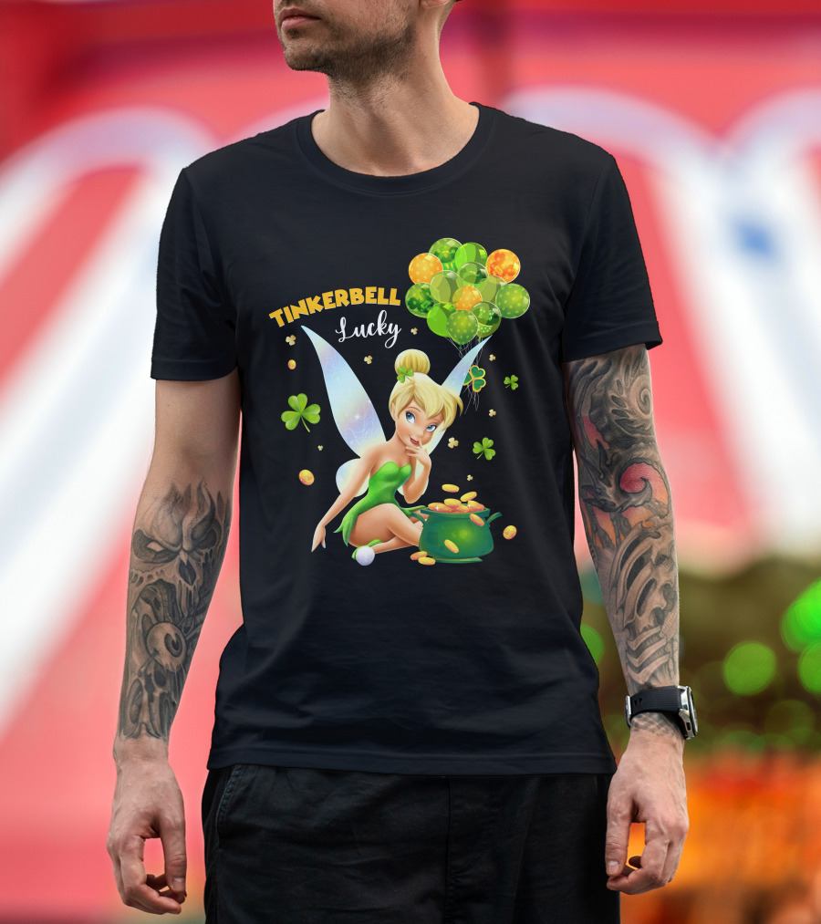 Tinkerbell Lucky Balloons And Clover With Pot Of Gold T-Shirt