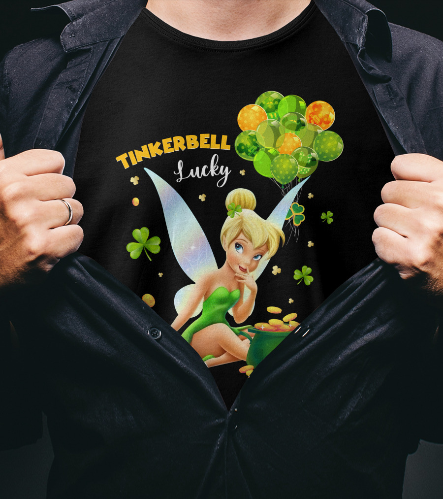 Tinkerbell Lucky Balloons And Clover With Pot Of Gold T-Shirt