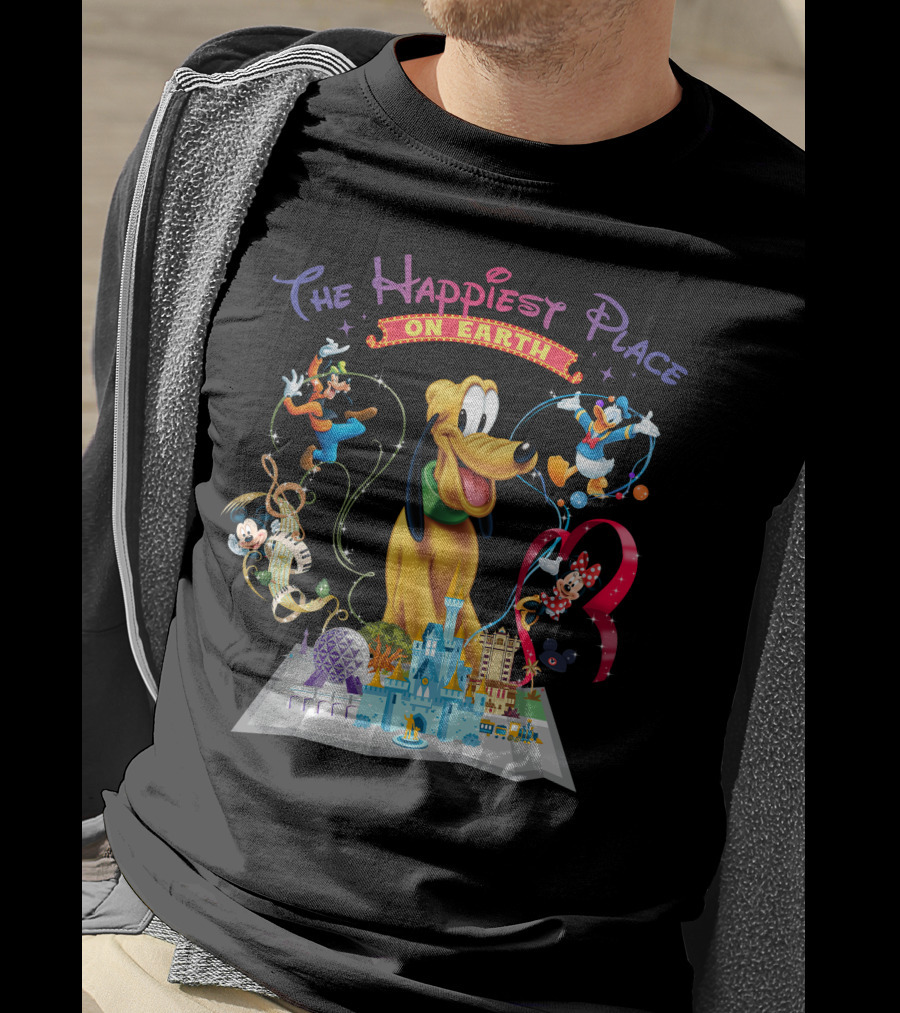 The Happiest Place On Earth Pluto Mickey Mouse Donald Duck Goofy Minnie Mouse Disney World Map T-Shirt