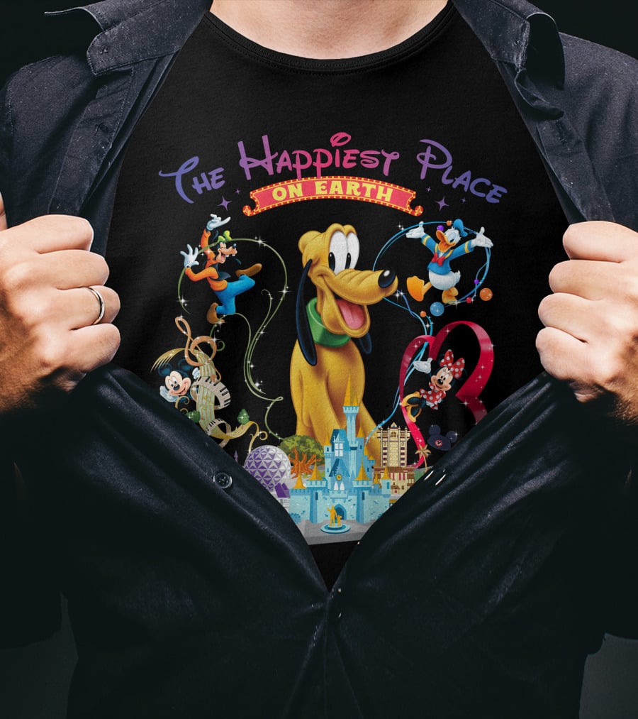 The Happiest Place On Earth Pluto Mickey Mouse Donald Duck Goofy Minnie Mouse Disney World Map T-Shirt