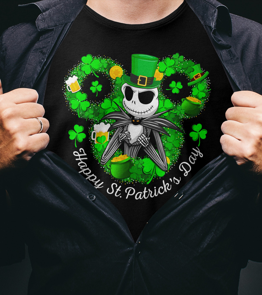 Jack Skellington Happy St. Patrick's Day Shamrocks And Leprechaun Hat T-Shirt