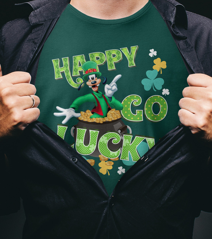 Happy Go Lucky Goofy Pot Of Gold Shamrocks T-Shirt