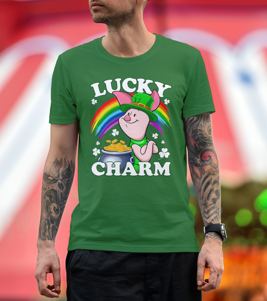 Lucky Charm With Piglet In Leprechaun Hat And Rainbow T-Shirt