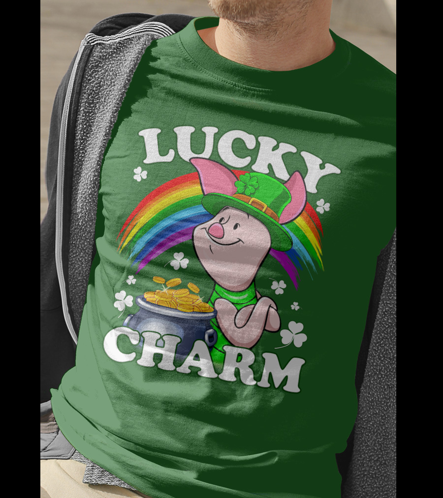 Lucky Charm With Piglet In Leprechaun Hat And Rainbow T-Shirt