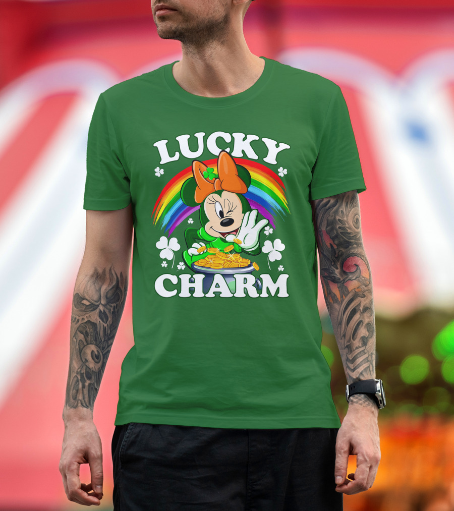 Lucky Charm Rainbow Minnie With Pot Of Gold And Shamrocks T-Shirt