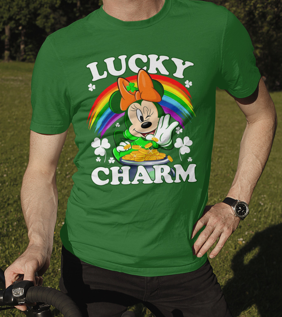 Lucky Charm Rainbow Minnie With Pot Of Gold And Shamrocks T-Shirt