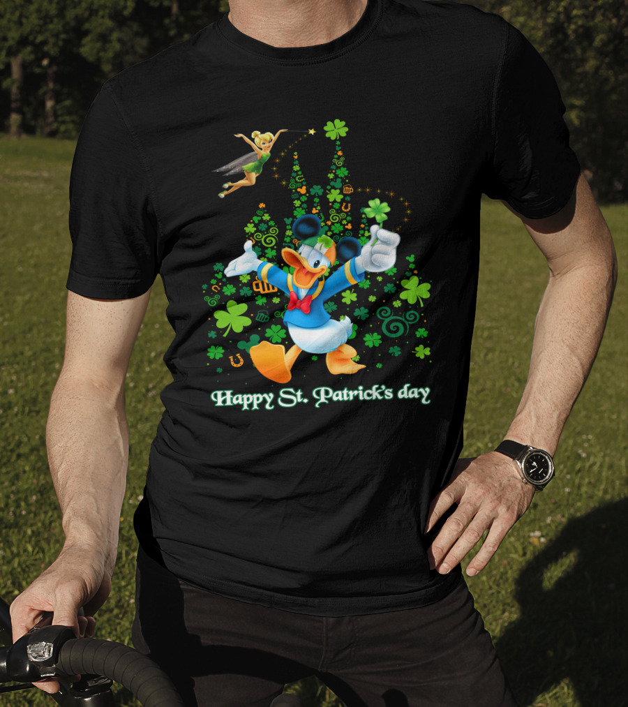 Happy St. Patrick's Day Donald And Tinkerbell With Shamrocks And Castle T-Shirt