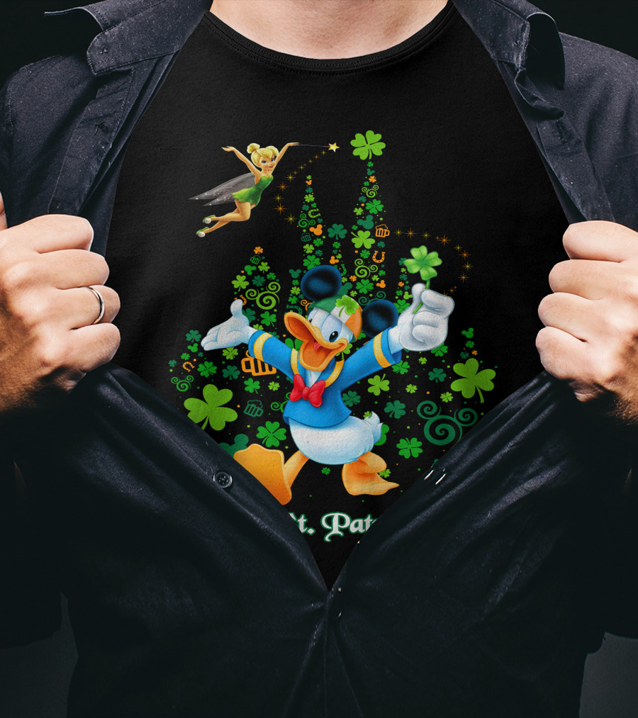 Happy St. Patrick's Day Donald And Tinkerbell With Shamrocks And Castle T-Shirt