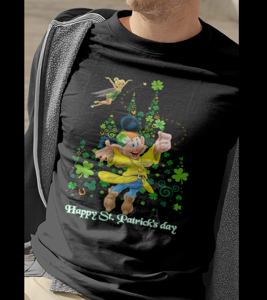 Happy St. Patrick's Day Dopey Disney Character With Tinker Bell And Clovers T-Shirt