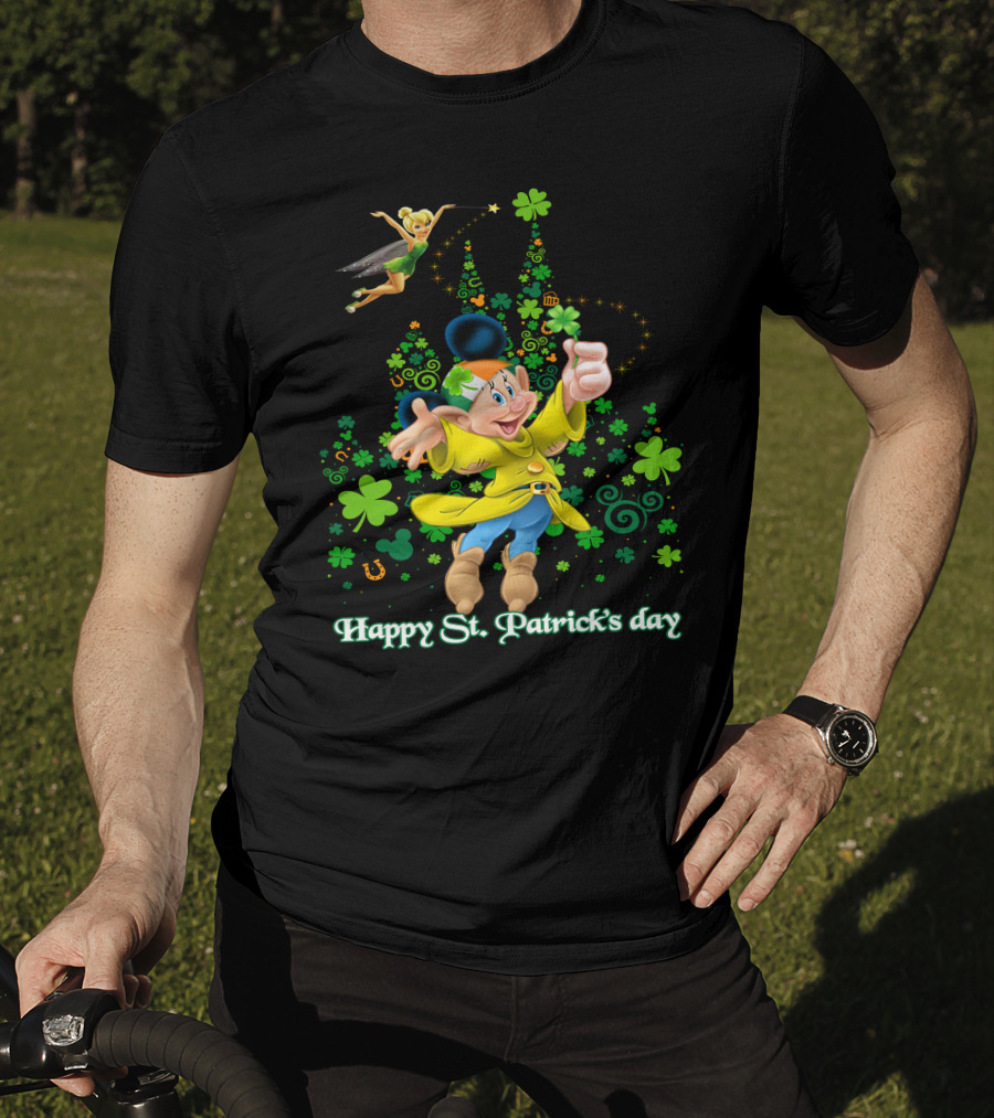 Happy St. Patrick's Day Dopey Disney Character With Tinker Bell And Clovers T-Shirt