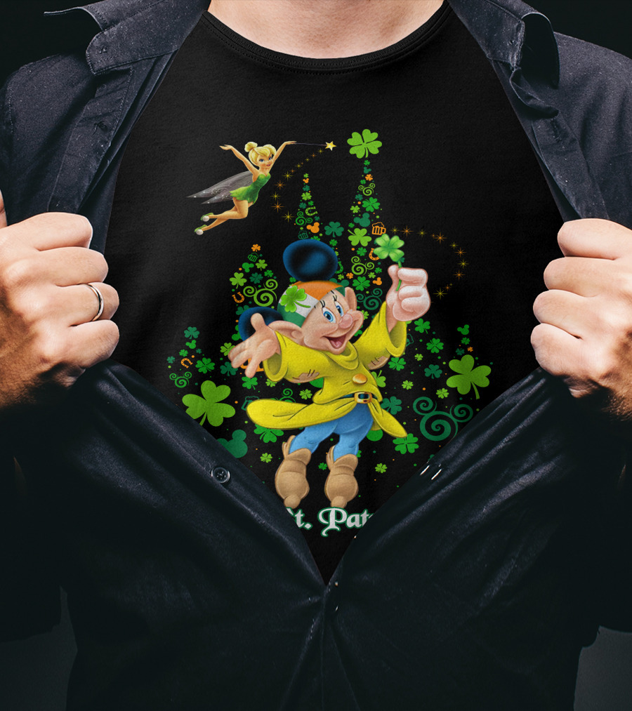 Happy St. Patrick's Day Dopey Disney Character With Tinker Bell And Clovers T-Shirt