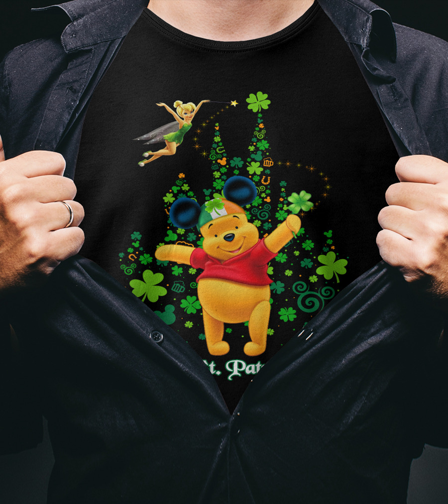 Happy St. Patrick's Day Pooh And Tinker Bell With Mickey Ears And Shamrocks T-Shirt