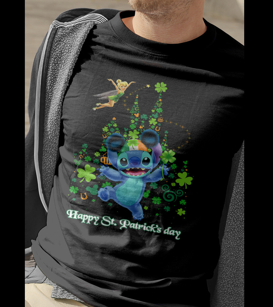 Stitch And Tinkerbell Happy St. Patrick's Day With Shamrocks And Irish Colors T-Shirt