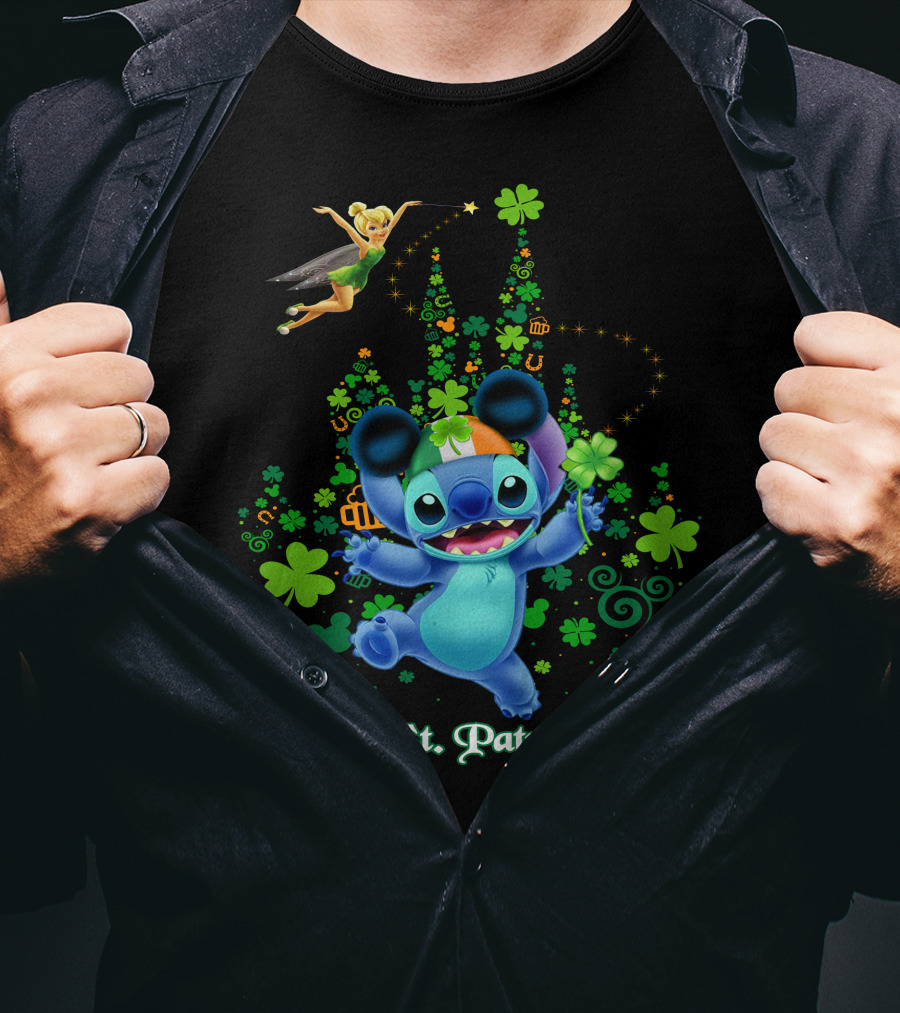 Stitch And Tinkerbell Happy St. Patrick's Day With Shamrocks And Irish Colors T-Shirt
