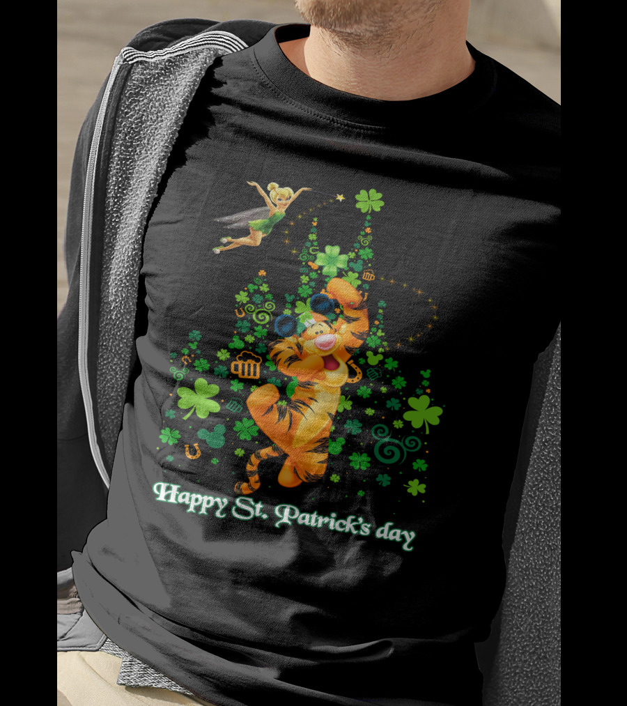 Happy St. Patrick's Day Tigger And Tinkerbell Celebration With Shamrocks And Icons T-Shirt