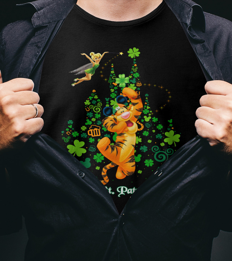 Happy St. Patrick's Day Tigger And Tinkerbell Celebration With Shamrocks And Icons T-Shirt