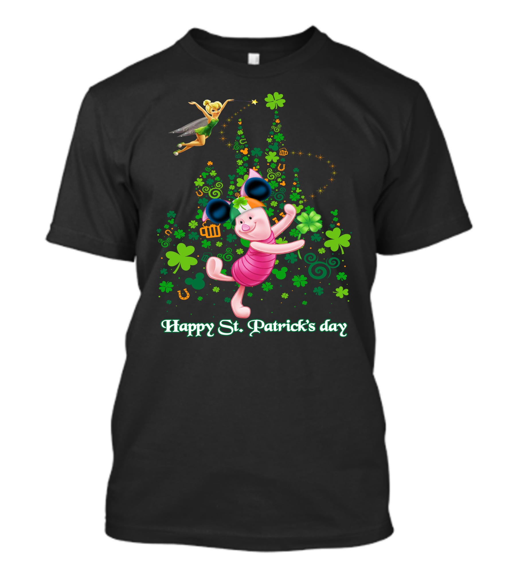 Happy St. Patrick's Day Piglet Tinker Bell Mickey Ears Shamrock Castle T-Shirt