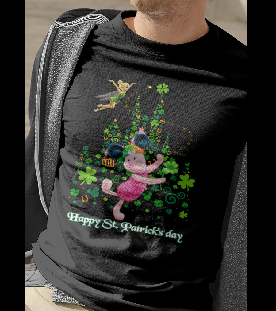 Happy St. Patrick's Day Piglet Tinker Bell Mickey Ears Shamrock Castle T-Shirt