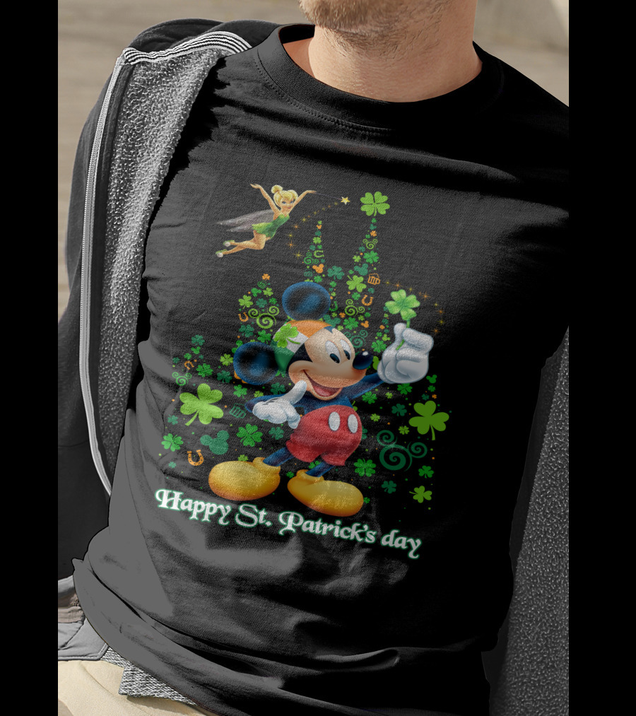 Mickey Happy St. Patrick's Day With Tinker Bell And Shamrocks T-Shirt