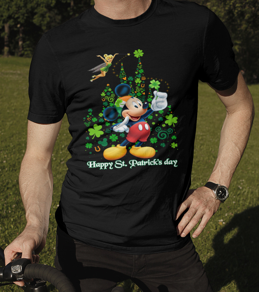 Mickey Happy St. Patrick's Day With Tinker Bell And Shamrocks T-Shirt