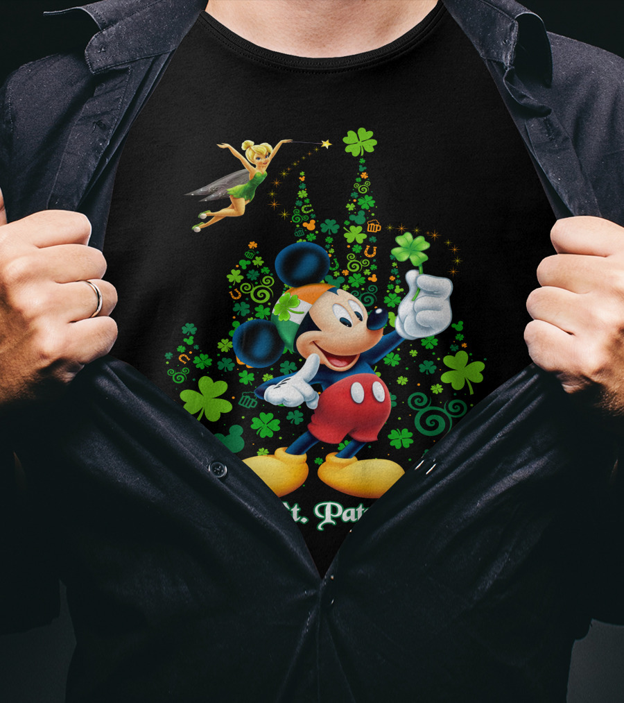 Mickey Happy St. Patrick's Day With Tinker Bell And Shamrocks T-Shirt
