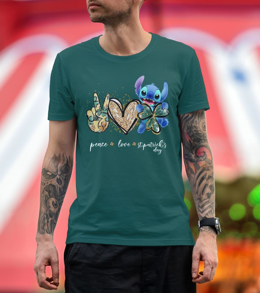 Peace Love St. Patrick's Day Stitch Shamrock Clover T-Shirt