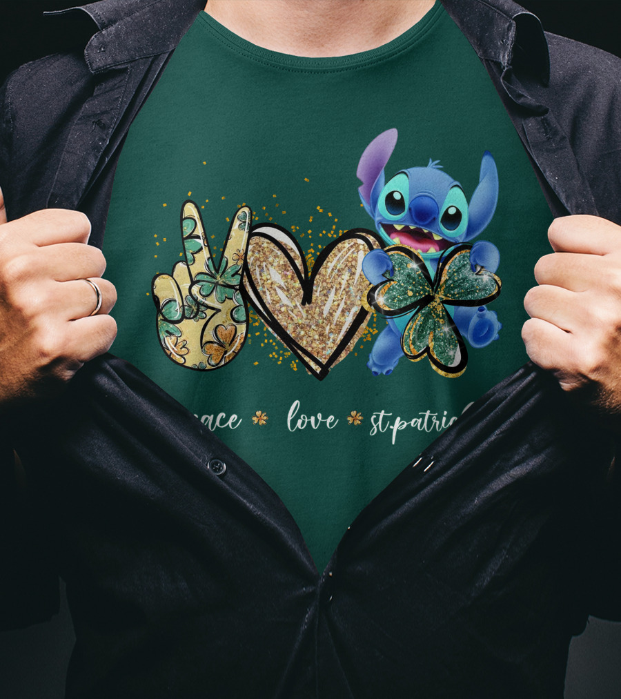 Peace Love St. Patrick's Day Stitch Shamrock Clover T-Shirt