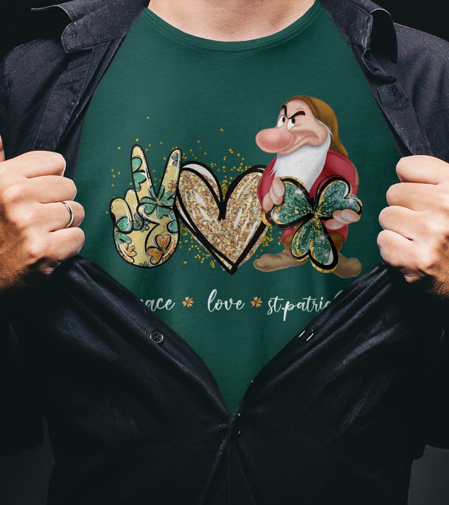 Peace Love St. Patrick's Day Grumpy Dwarf Clover T-Shirt