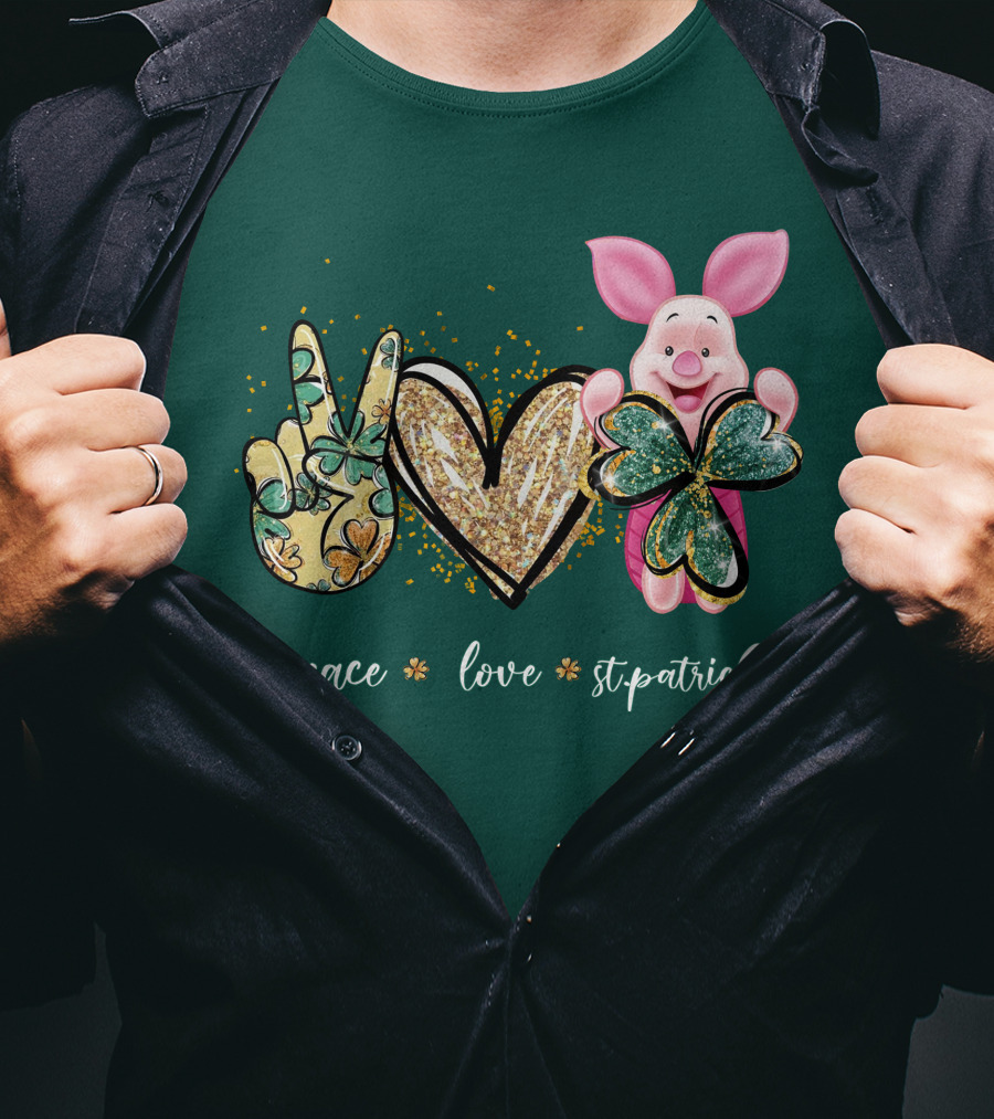 Peace Love St. Patrick's Day Piglet Shamrock T-Shirt