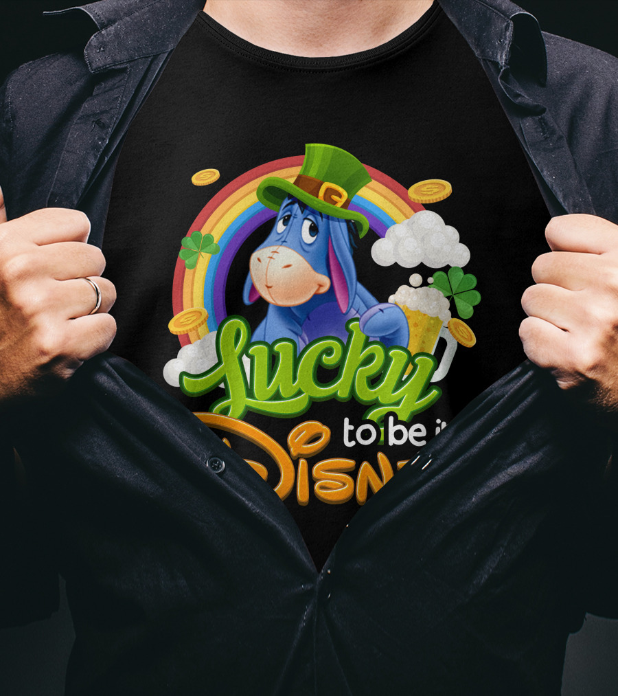 Eeyore Lucky To Be In Disney St. Patrick's Day Rainbow And Coins T-Shirt