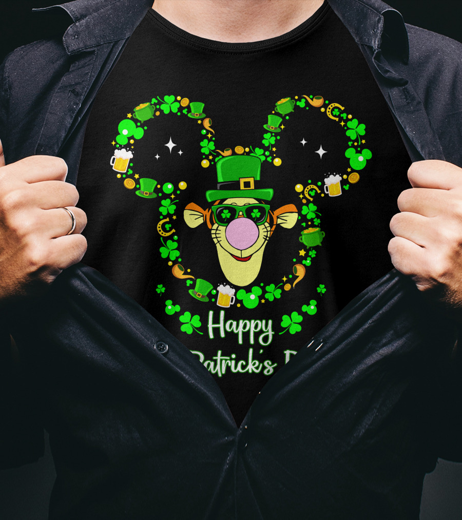 Happy St. Patrick's Day Tigger Shamrock Hat Beer Coin Celebration T-Shirt